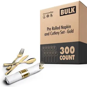 Pre Rolled Napkin and Cutlery Set - Gold (300 Pack)