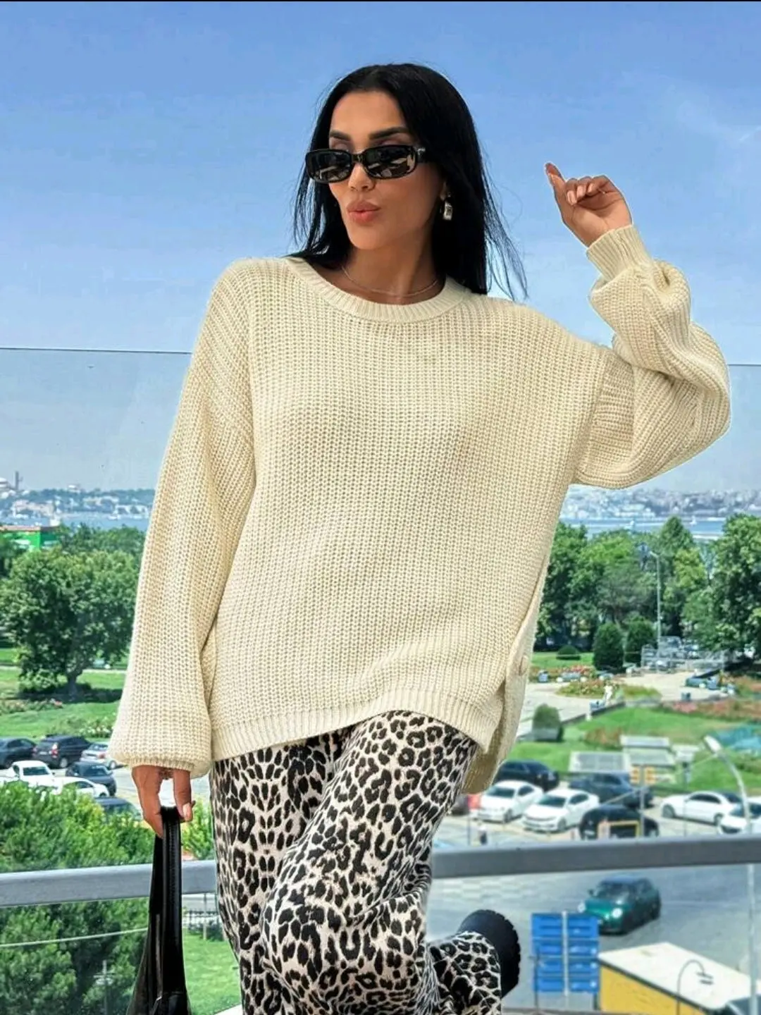 Beige Side Bottom Knitted Button Detailed Beige Loose Sweater For Fall And Winter Casual Holiday Loose Sweater