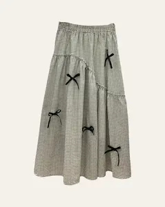 Women's Cotton Loose-Fitting Gingham Bow Detail Tiered Maxi Skirt, Elastic Polyester Women's Bottom