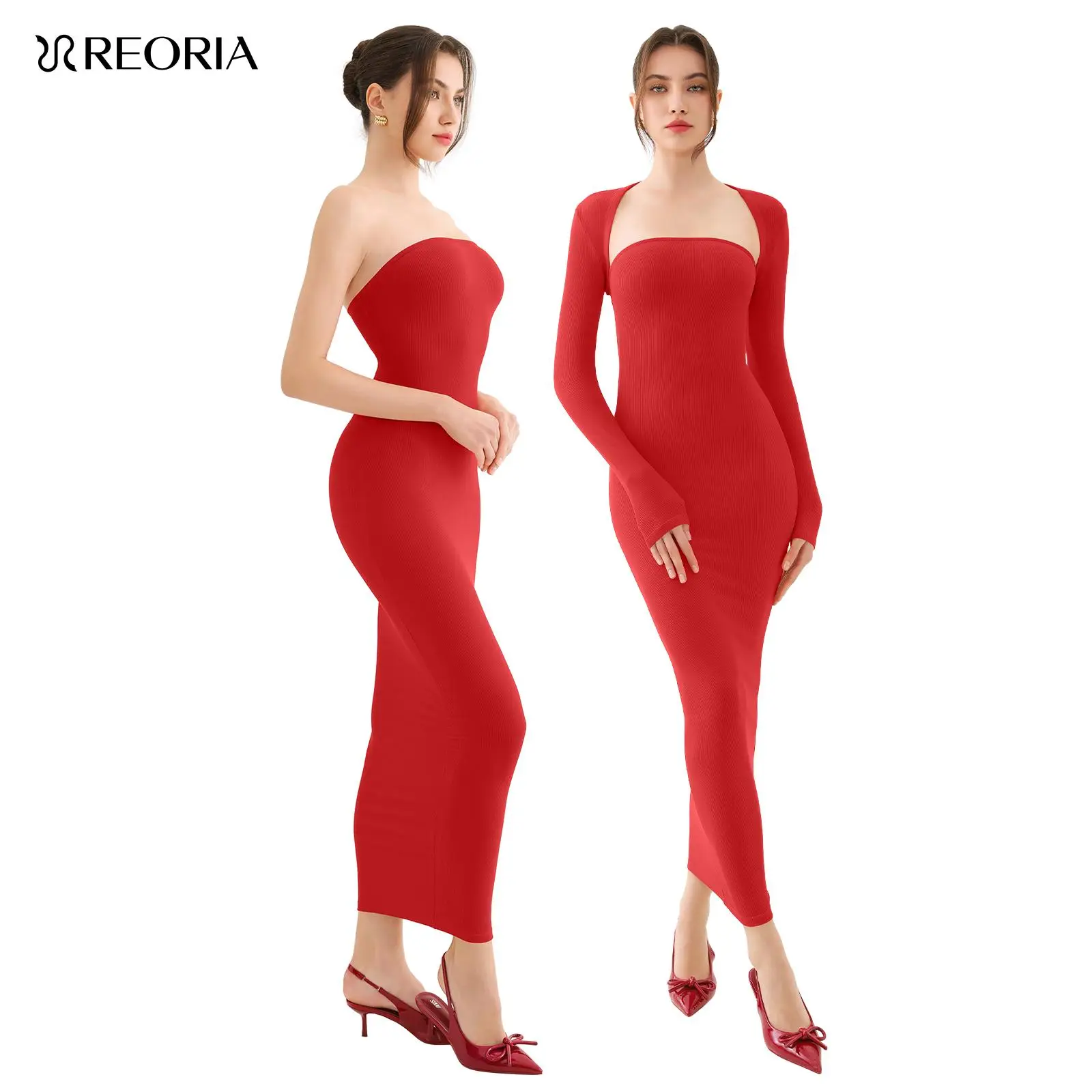 REORIA Fallfreshness Womenswear Women's Clothes Sexy Strapless Bodycon Fashion Maxi Dress & Long Sleeve Bolero Shrug Going Out Set for Beach & Outdoor