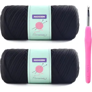 2 Skeins Tshirt Yarn for Crochet,Soft T Shirt Yarn for Crocheting Bag/Basket/ Decor,Trapillo para Tejer a Crochet Bolsas with 1 Crochet Hook,Each Ribbon Yarn 7oz, 65yds (Black)