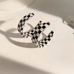 Checkered Wide Hoop Earrings - Fashion Accessory