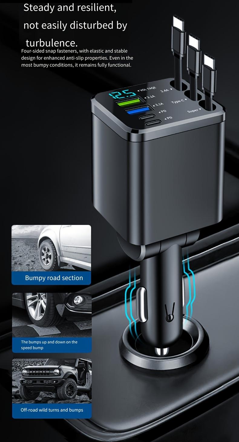 7-in-1 Car Charger — Retractable 3-in-1 Cable (Lightning + Built-in Type-C), PD 66W Fast Charging, and USB Port; Features Smart Chip Protection and Digital Voltage Monitoring; Widely Compatible with iPhone, Samsung, and Huawei Devices.