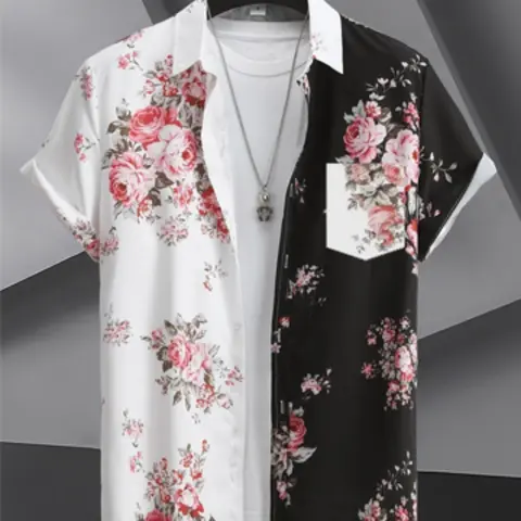 Black and white color-blocked floral rose print short-sleeved collared shirt, Casual Summer Shirt, trendy and casual aesthetic Tropical vacation style