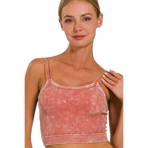 Zenana Washed Ribbed Seamless Double Strap Brami