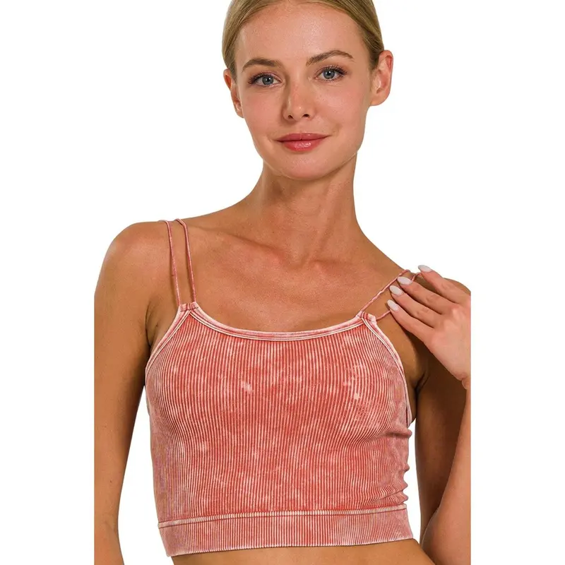Zenana Washed Ribbed Seamless Double Strap Brami