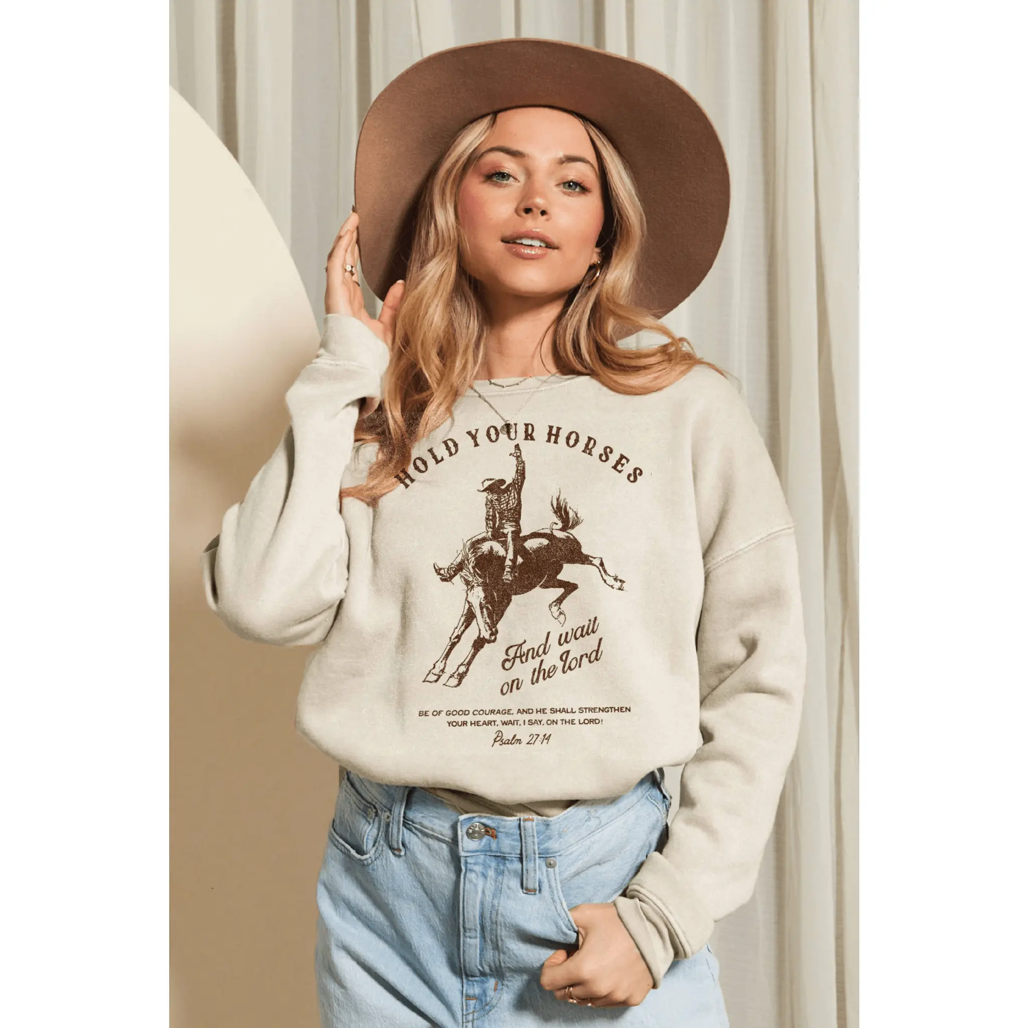 OAT COLLECTIVE "Hold Your Horses & Wait on the Lord" Western Faith Sweatshirt — Psalm 27:14 Mineral Washed Sponge Fleece