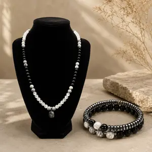 Wealth Attraction Necklace & Magnetic Bracelet Set, Cat's Eye Look Stone, Obsidian & Map Stone Beaded Jewelry, Feng Shui Inspired Lucky Charm, Prosperity Gift for Women and Men, Birthday, Anniversary & Everyday Wear
