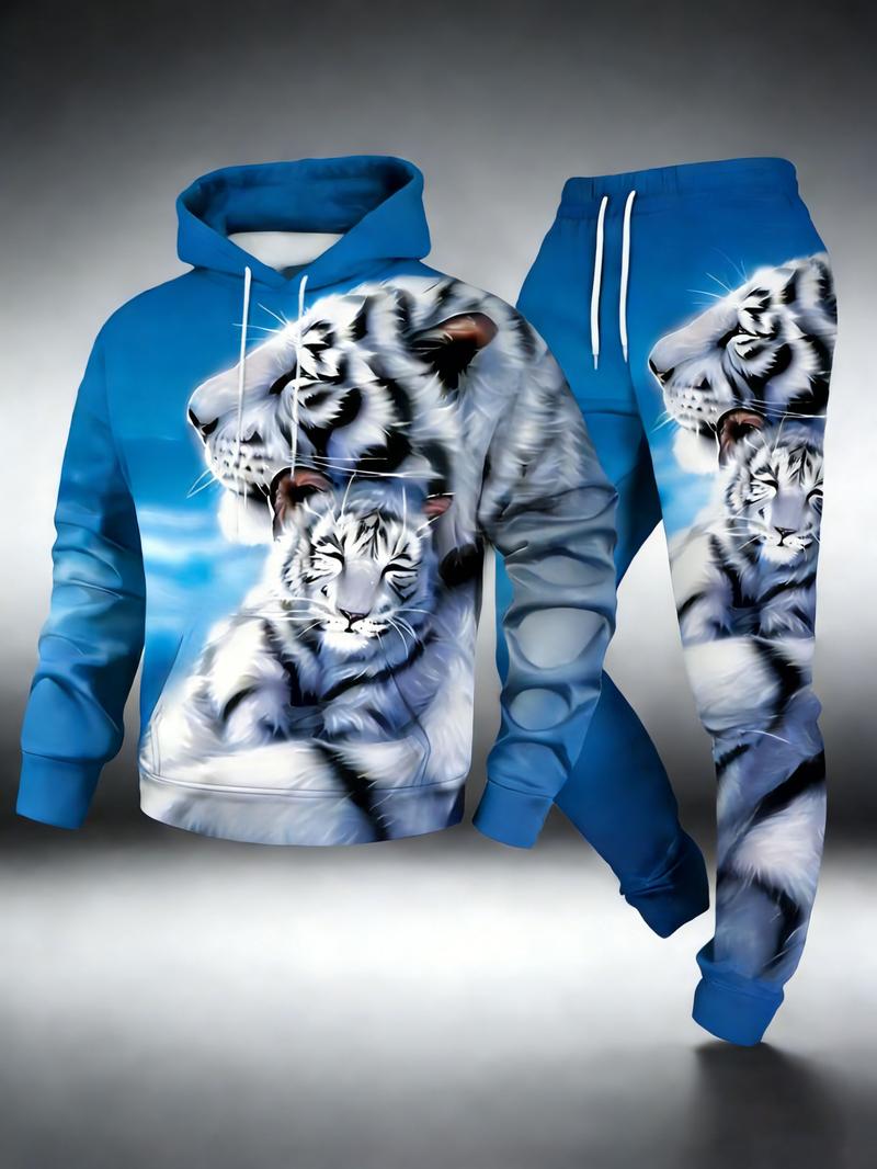 2026 New Men's Fashion White Tiger Print Hoodie and Pants Set, Casual Sports Outfit, Blue Long-Sleeve Pullover, Soft and Comfortable Loungewear, Animal Pattern Streetwear