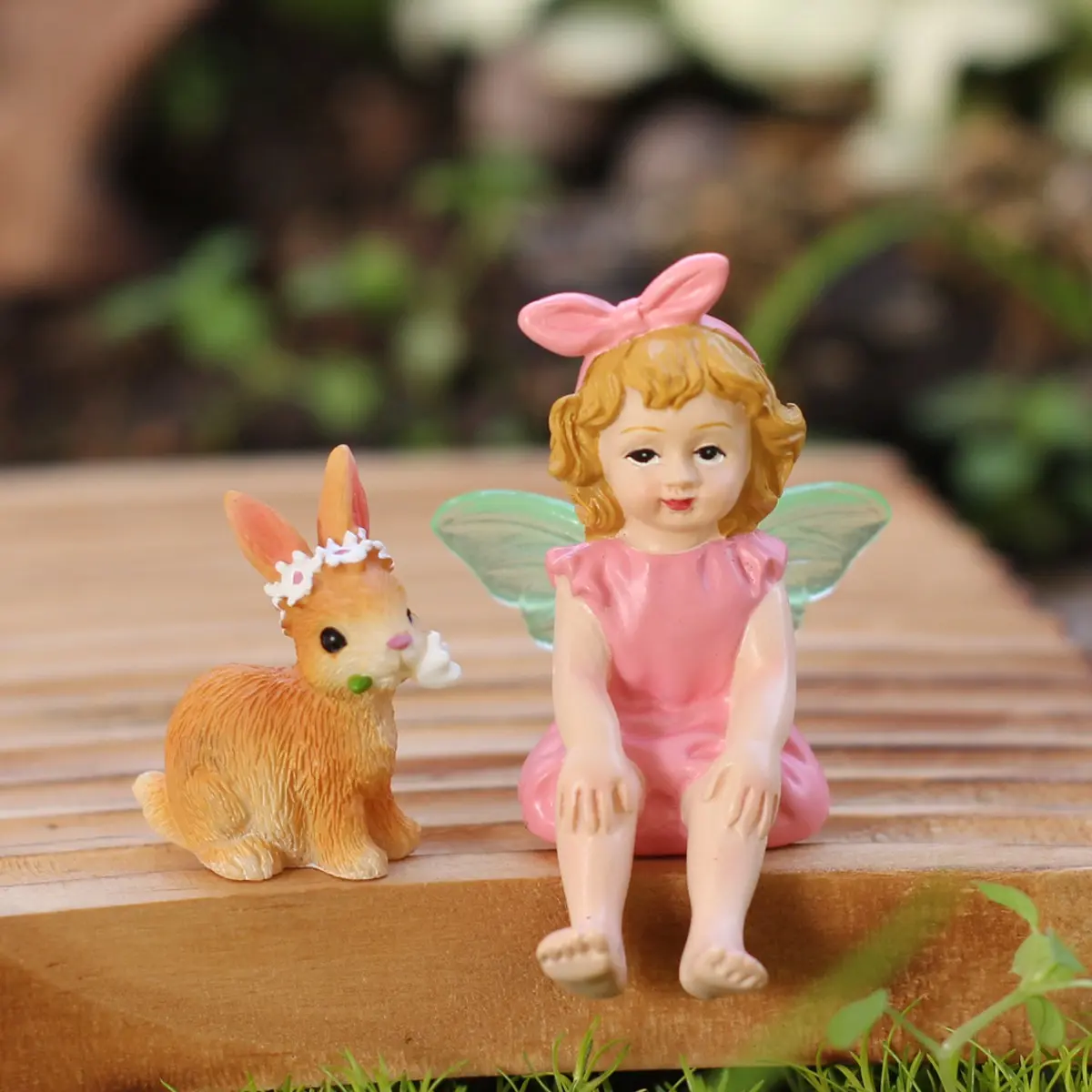 Cute Resin Decorations, Bunny Decor, Rabbit and Fluorescent Wings Fairy Figurine, Spring Summer Garden Theme, Home Desktop Festival Party Ornament