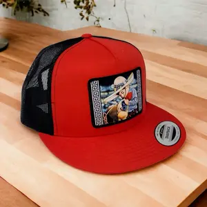 Anime Snapback Hat - Red & Black Mesh Cap with Cartoon Design