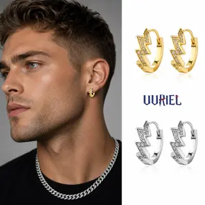 UURiel Lightning Bolt Huggie Hoop Earrings for Men Women, Unisex Hip Hop Earrings with 5A CZ Stones, Waterproof Hypoallergenic Small Hoop Earrings, Golden-plated Iced Out Streetwear Jewelry Gift