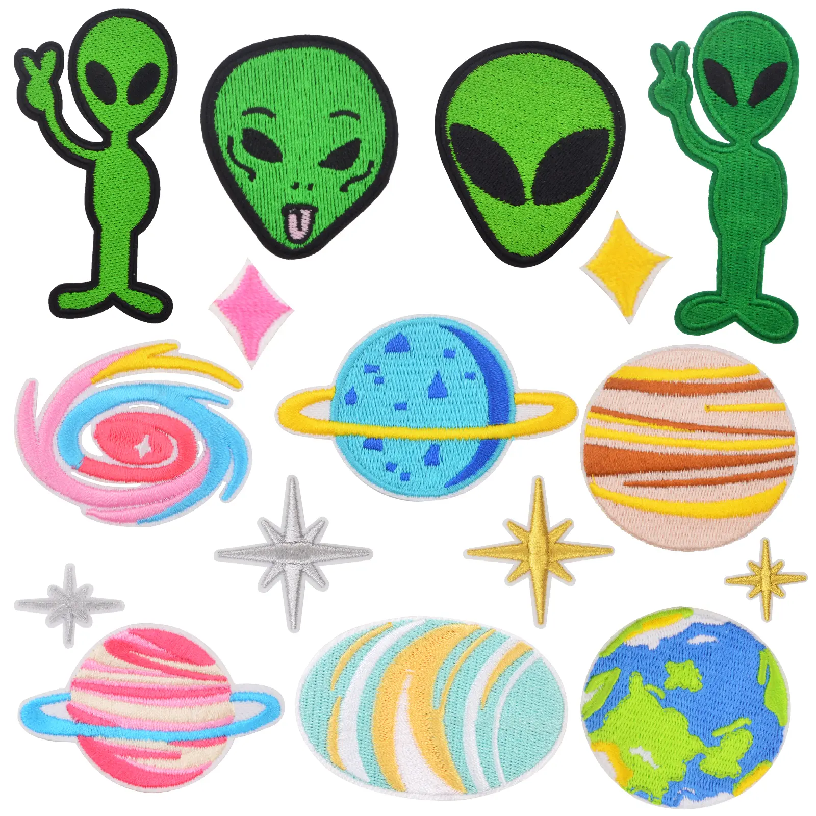 16PCS Space Exploration Planet Solar System Iron on Patches Funny Green Aliens Embroidered Sew On Patch Repair Appliques for DIY Clothing Hats Backpacks Jeans Jackets Decoration