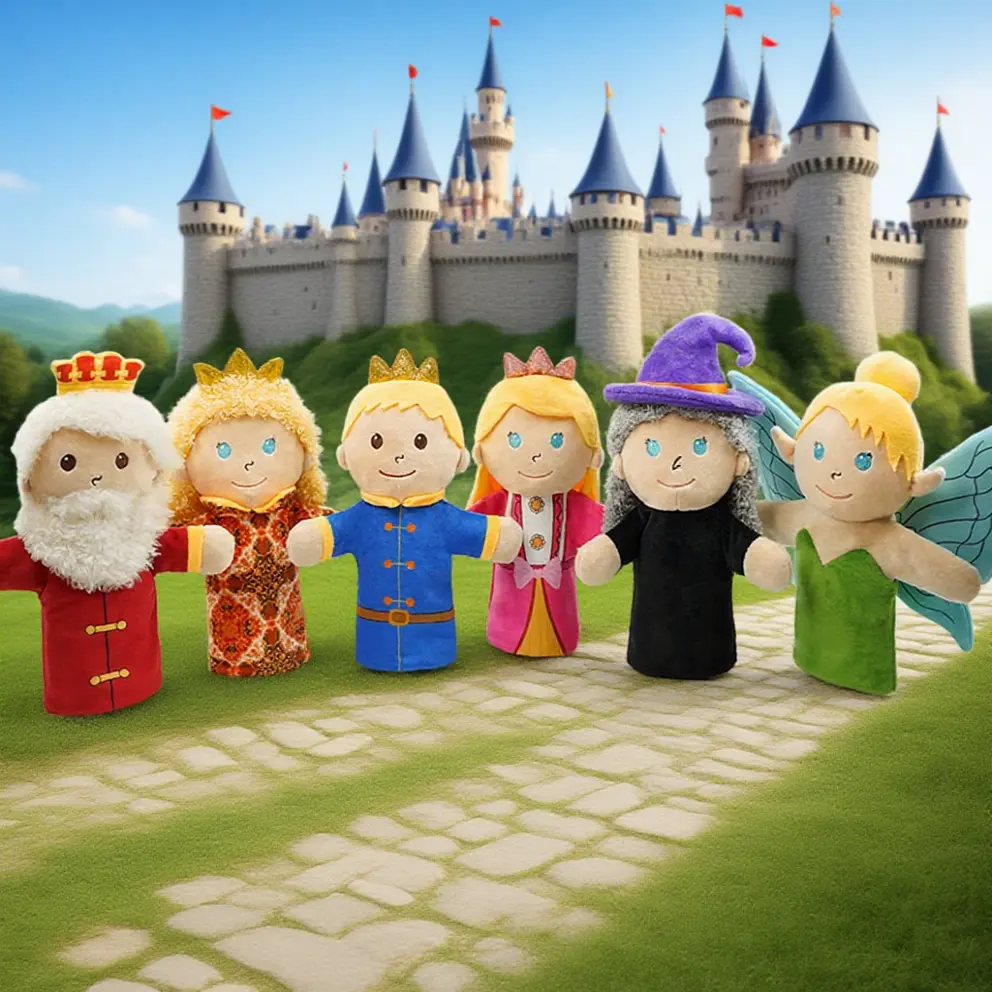 9.8 "Fairy tale hand puppets, soft hand puppets for children, princess, prince, queen, king, elf, witch hand puppets, movable mouths, interactive teaching