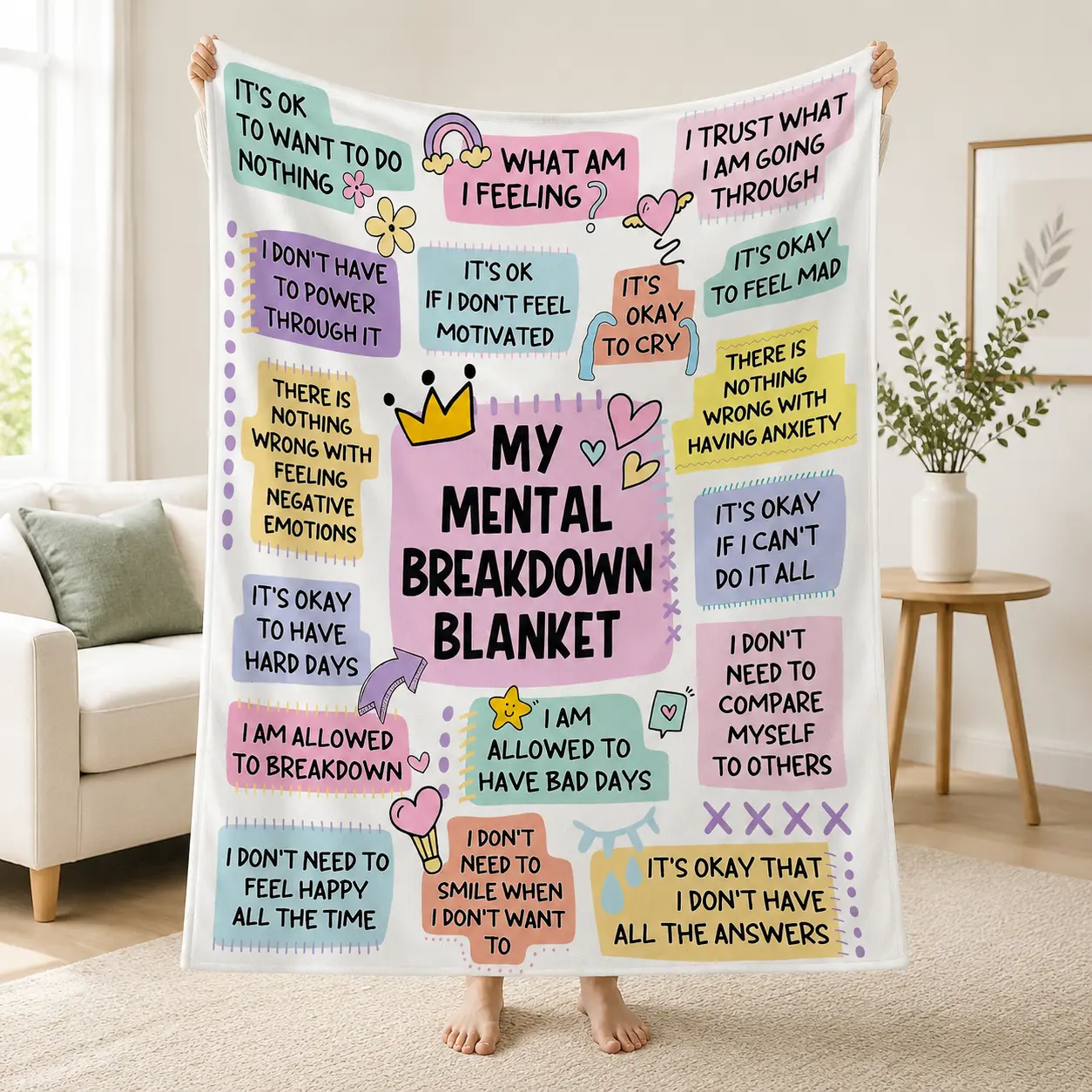 Self Care Throw Blanket, Positive Quote Blanket for Bedroom Couch Decor, Cozy Soft Blanket with Inspirational Messages, Aesthetic Room Decoration Gift