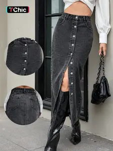 Elegant Fashion Denim Skirt for Women, Trendy Spring Summer Long Dress, Elastic Multi-Buckle Craft, Sexy Fitted Style