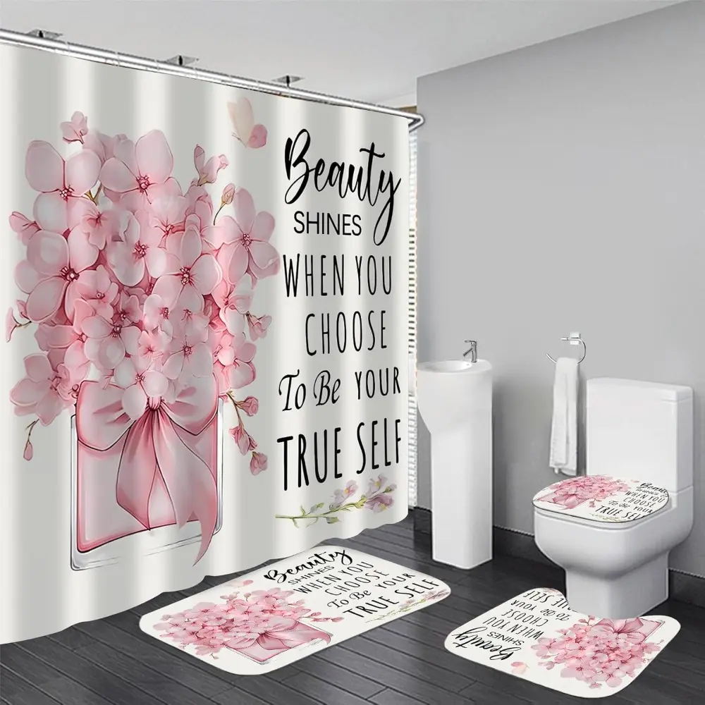 Flower and perfume pattern, 4-piece shower curtain set, Shower Curtain Set For Bathroom, bowknot bathroom decoration, with carpet (bath mat, toilet lid) and 12 hooks, anti-skid floor mat, polyester fiber