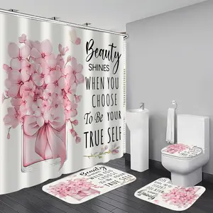 Flower and perfume pattern design, 4-piece shower curtain set, fashionable bowknot bathroom decoration, with carpet (bath mat, U-shaped, toilet lid) and 12 durable hooks, anti-skid floor mat, waterproof forest shower curtain, polyester fiber