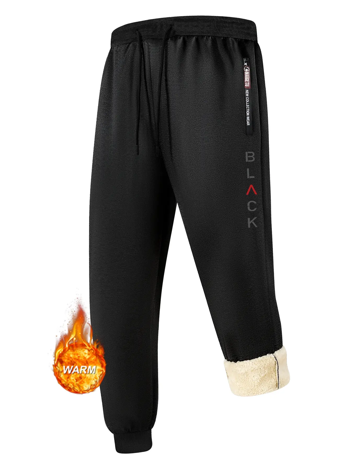 BLACK Letter Print Plush Lined Sweatpants for Men, Winter Thermal Warm Fleece Joggers Pants with 2 Zipper Side Pockets, Outdoor Casual Sports Trousers with Drawstring Elastic Waist