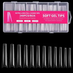 Long Coffin Nail Tips, 240Pcs Soft Gel Nail Tips Pre-shaped 3XL Shape Clear Acrylic False Nail Fake Nail Extension Press On for Salon Home DIY 12 Sizes