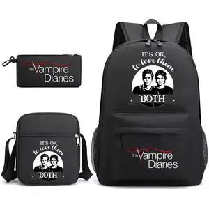 Vampire Diaries Themed 3-Piece Backpack Set for Students, Includes Dual-Pattern Bag, Crossbody Bag & Pencil Case, Ideal for School & Outdoor Travel (Men's & Girls' Luggage)