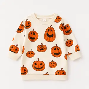 Kids Girl Halloween Sweatshirt with Pumpkin Pattern, Loose Version Classic Crew Neck Holiday Clothing