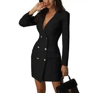 Women's clothing   [Sleeveless Double Breasted] Women's V-Neck Blazer Dress | Sleeveless | Polyester Blend | Double Breasted | Long Length | for Spring/Fall Office Wear White Formal