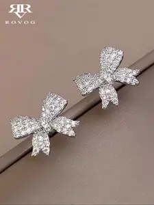 Women's Elegant Bow Design Stud Earrings, Rhinestone Embellished Jewelry for All Seasons, Perfect for Daily Wear & Special Occasions, Lightweight Earring