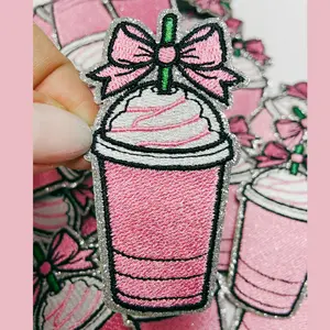 3"  Pink COFFEE w Bow  - Embroidered Hat Patch
