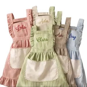 Personalized Striped Linen Apron, Embroidered Custom Name Apron, Kitchen Cooking Ruffle Vintage Chef Apron with Pockets, Gift for Mom