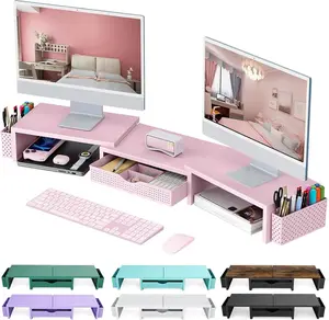 Dual Monitor Stand Riser, Desk Organizer With Drawer and 2 Pen Holders,Desk Organizers and Accessories, Pink Office Supplies (Pink)