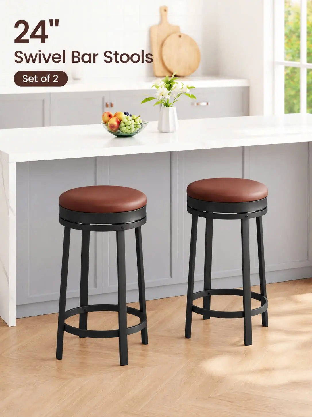 24-Inch Armless Round Swivel Bar Stools Set of 2, Modern Counter-Height Stools with PU Leather Upholstery, Metal Frame, and Footrest
