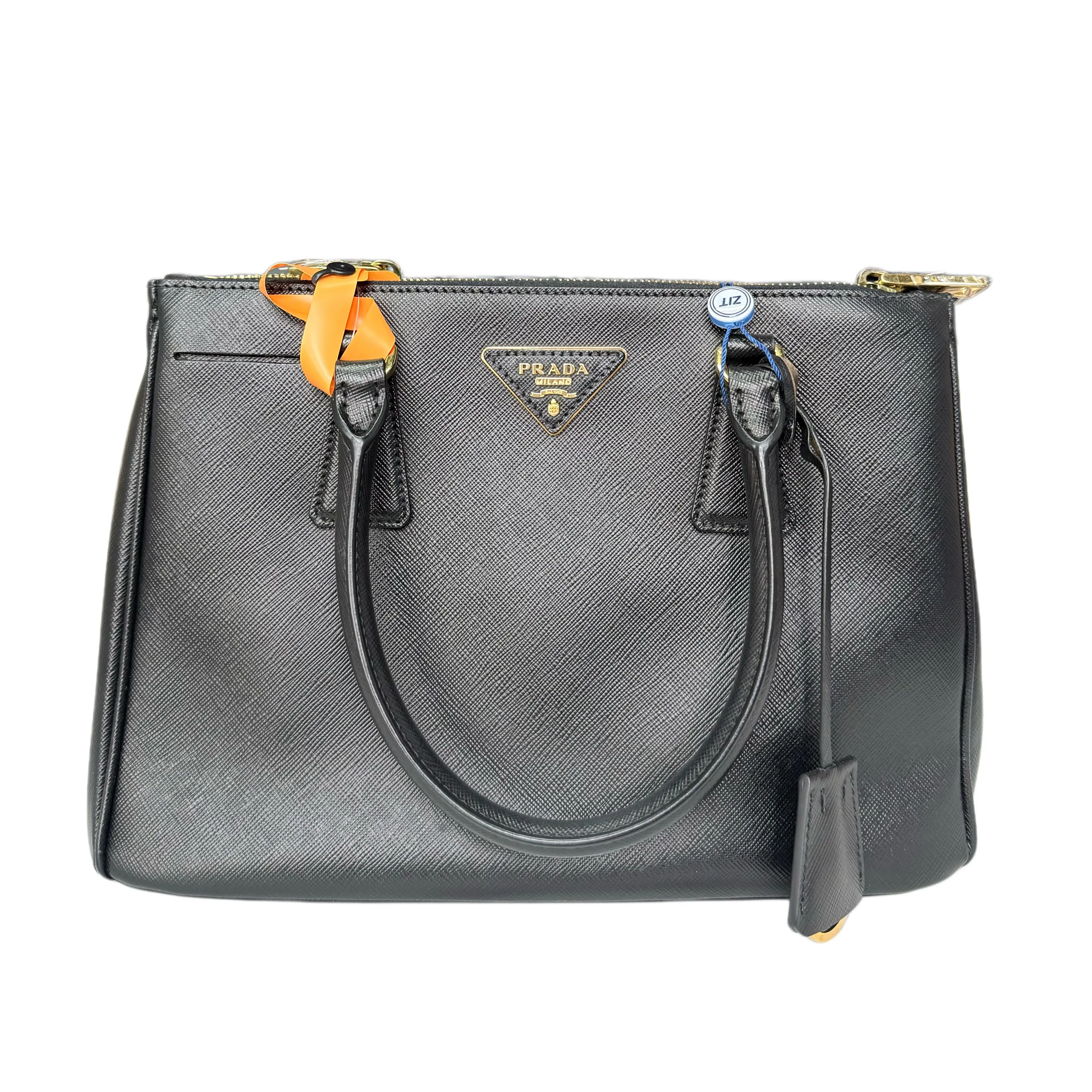 Pre-owned PRADA . Tote Bags Galleria Medium 28CM Tote Bag Black Saffiano Leather Gold Triangle Logo Double Top Handle Detachable Crossbody Strap