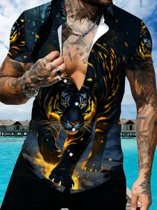 Tiger Stripe Print Short Sleeve Collared Shirt, Men's Casual Trendy Lapel Top, Summer Tropical Fashion Pattern Menswear