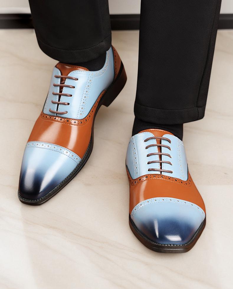 Men's Two-Tone Gradient Brogue Oxford Dress Shoes, Blue & Brown Formal Leather Shoes30820