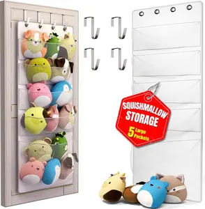 Squishmallow Holder - Over The Door Space Saving Storage Solution with 5 Large Pockets - Quick 1-Minute Installation - Organize and Display Squishmallows - Durable and Easy Access for Kids Set Blue