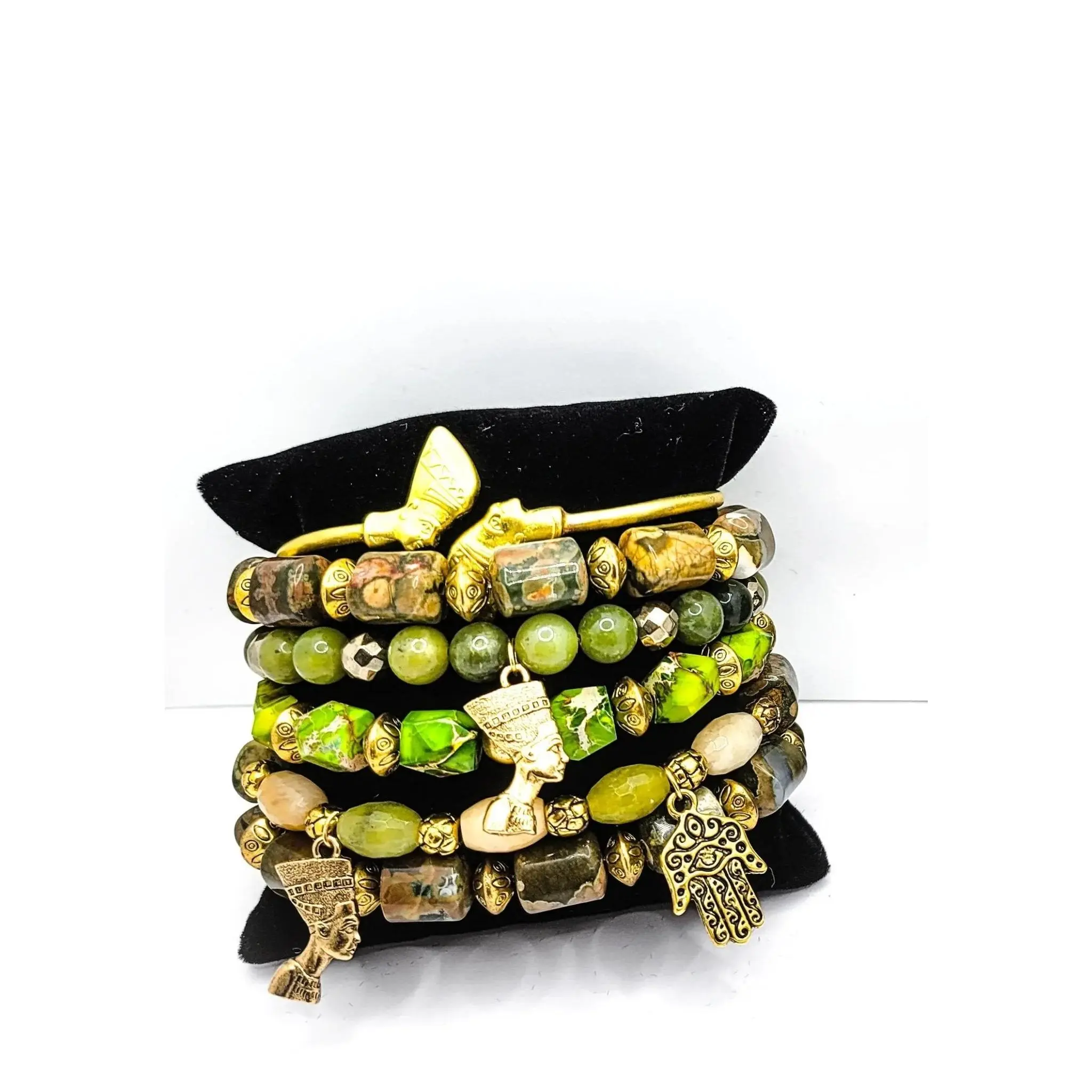 Queen Nefertiti Natural Green Sea Sediment Jasper Bracelet set