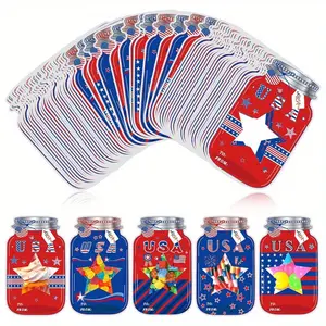 50pcs July 4th Party Supplies Kit, Independence Day Cards with Treat Bags & Mason Jar Gift Holders, Patriotic Holiday Exchange Favors Pack
