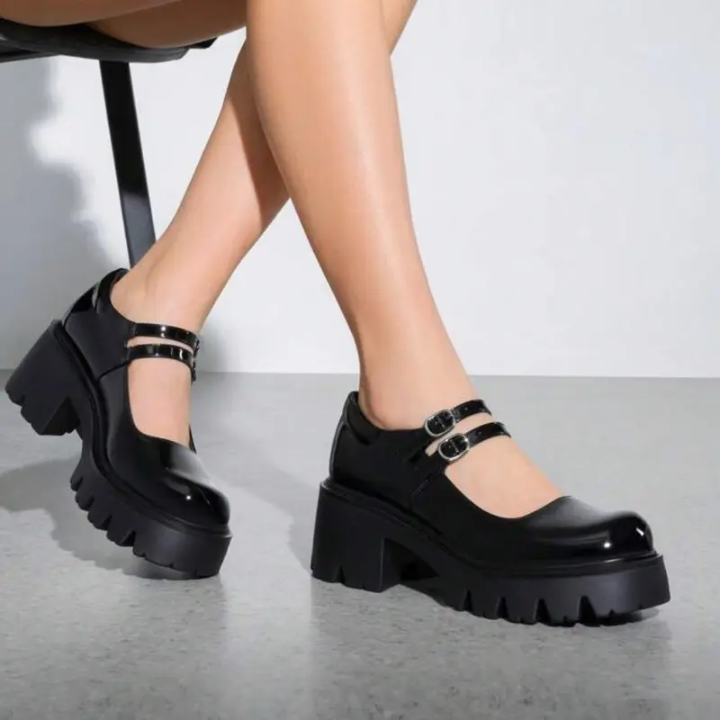 Platform Mary Janes Women's Shoes - Black Patent Leather with Chunky ...