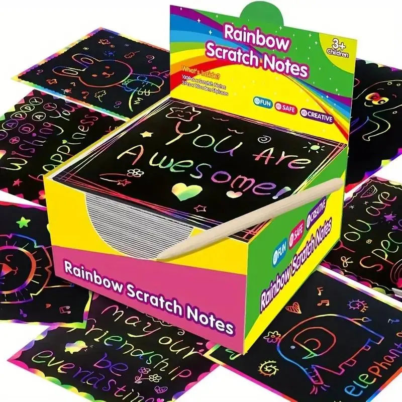 Rainbow Scratch Art Note, 100pcs/Box Mini Art Note with Tools, Coloring Gift Book, Party Gift for Boys & Girls, Birthday & Festival Gift Ideas