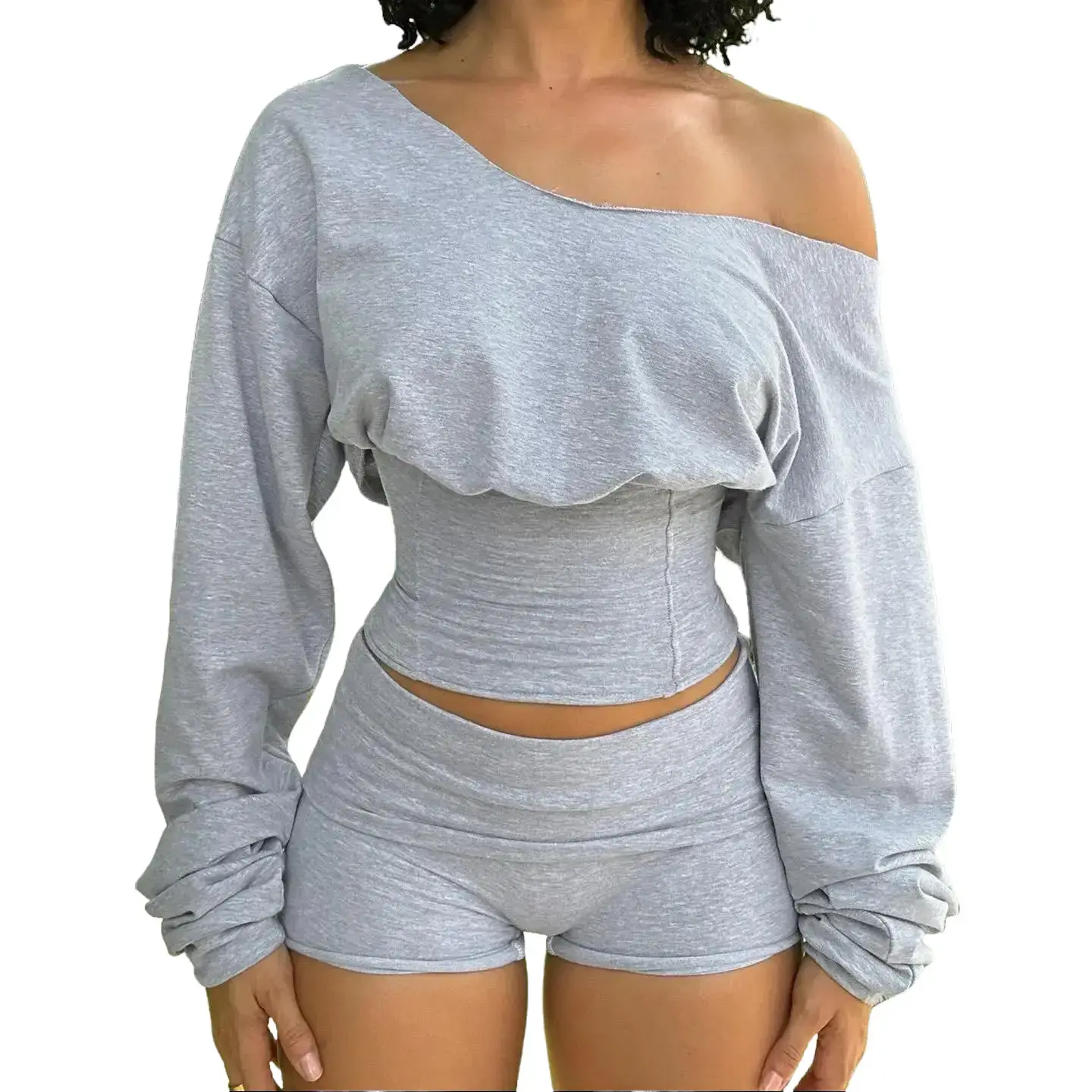 Women's Grey Solid Color One Shoulder Long Sleeve Waist Cinched 2 Piece Set, Sweatshirt & Shorts, Fall Winter Elegant Casual Sports Loungewear