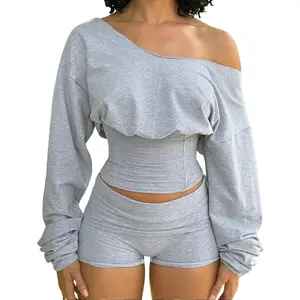 Women's Solid Color One Shoulder Long Sleeve Waist-Cinched Sweatshirt & Shorts Two Piece Set 2025 Fall & Winter New Slim Fit Elegant Sexy Casual Wear Sports Loungewear Sexy Outfit