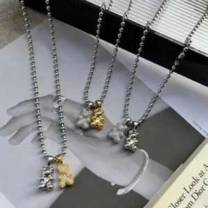 Cute Bear Charm Necklace, Stainless Steel Ball Chain Teddy Pendant, CZ Crystal Gold Silver Y2K Jewelry Gift for Women