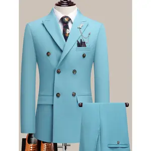 Youth Lapel Double Breasted Suit Set, Business Casual Solid Color Two-piece Set, Four Season Universal Graduation Ceremony Formal Attire, Interview Performance Dress Suit Menswear Polyester business casual outfits
