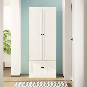 2 Doors Bedroom Wardrobe Storage Cabinet - Freestanding White Armoire with 4 Shelves & Drawer (27.6" W x 13.8" D x 70.9" H)