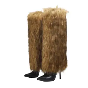 Womens Knee High Boots Pull On High Stilettos Heel Faux Fur Western Style 2 Inch Heel Black Outdoors Shoe Footwear