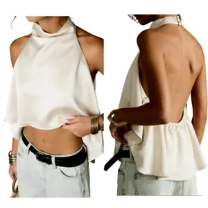 Women's Satin Halter Neck Crop Top - Office & Date Night Wear, Open Back & High Neck Design, Elegant Feminine Style for Work, Luxurious Silky Blouse