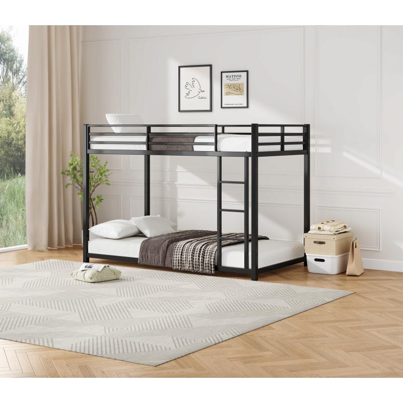 Twin Over Twin Metal Bunk Bed, Low Bunk Bed with Ladder, Black, Sturdy Steel Construction, Safe Design, Easy Assembly, 250lb Upper Bed Capacity, 350lb Lower Bed Capacity