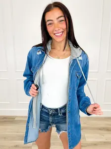 Risen Jade Distressed Cotton Long Sleeve Medium Wash Denim Hoodie Jacket