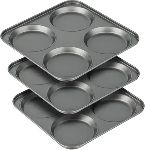 Nonstick Carbon Steel 4-Cup Bakeware Pan Set - Shallow-Cup Mold for Muffin Tops, Large Hamburger Buns, Oven-Safe for Eggs, Cornbread